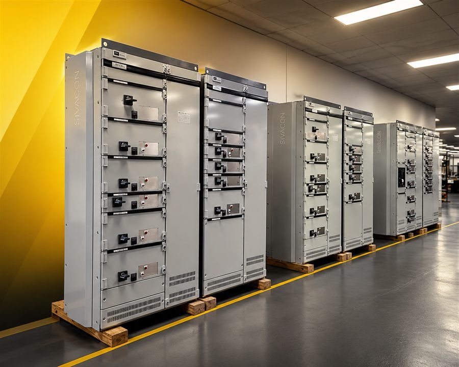 Row of custom-engineered low-voltage switchgear and distribution panels in a Nexon facility.
